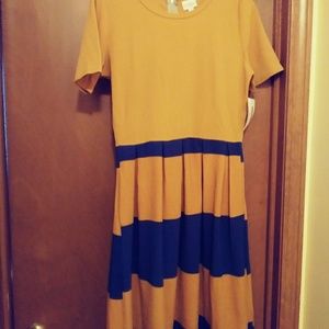 LulaRoe large orange/mustard&navy strip Amelia